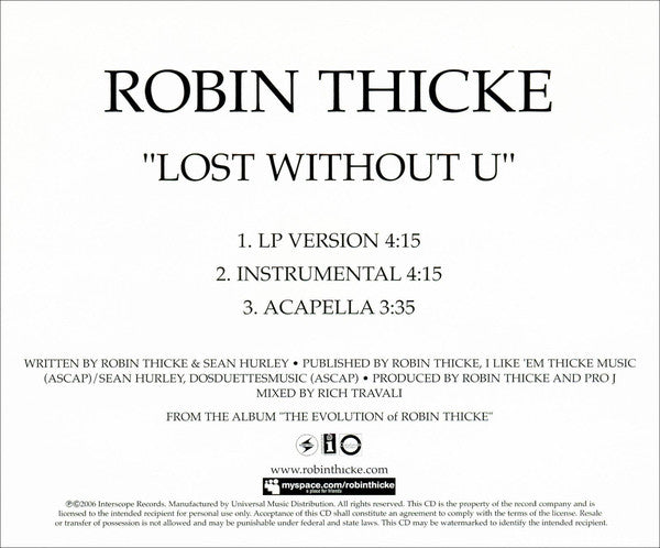 Robin Thicke: Lost Without U Promo w/ Back Artwork