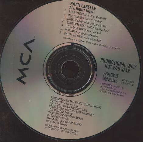 Patti LaBelle: All Right Now Promo w/ No Artwork