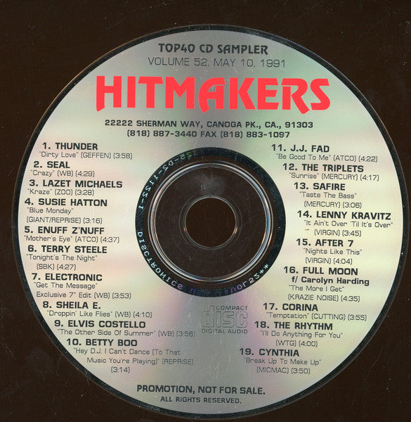 Hitmakers: Top 40 CD Sampler Volume 52 Promo w/ No Artwork