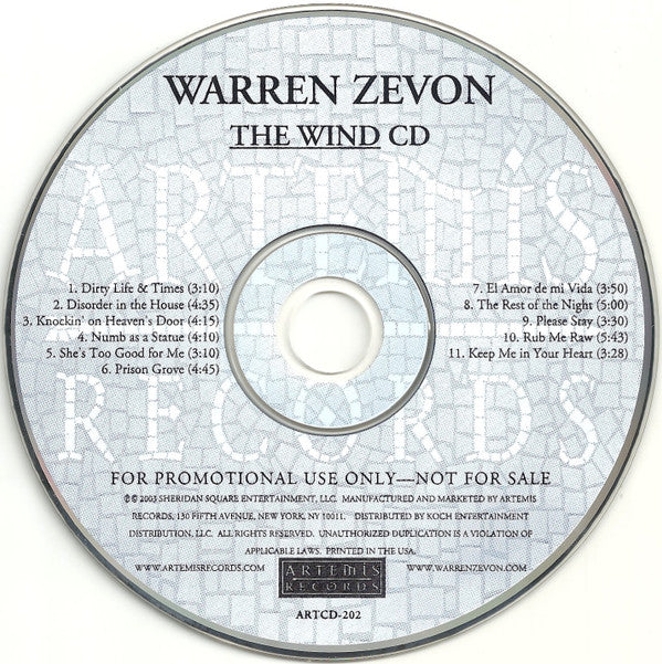 Warren Zevon: The Wind Promo w/ Back Artwork