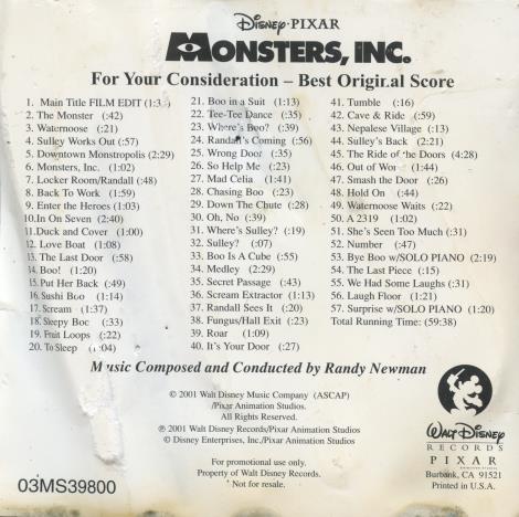 Monsters, Inc.: Best Original Score FYC Promo w/ Damaged Artwork