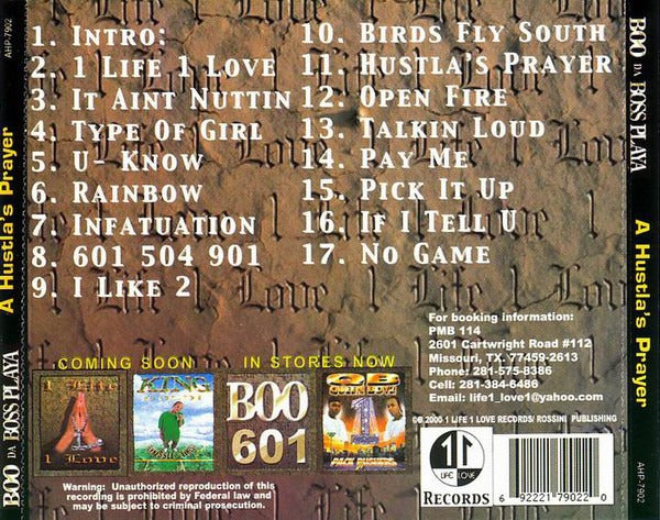 Boo Da Boss Playa: A Hustla's Prayer w/ Back Artwork